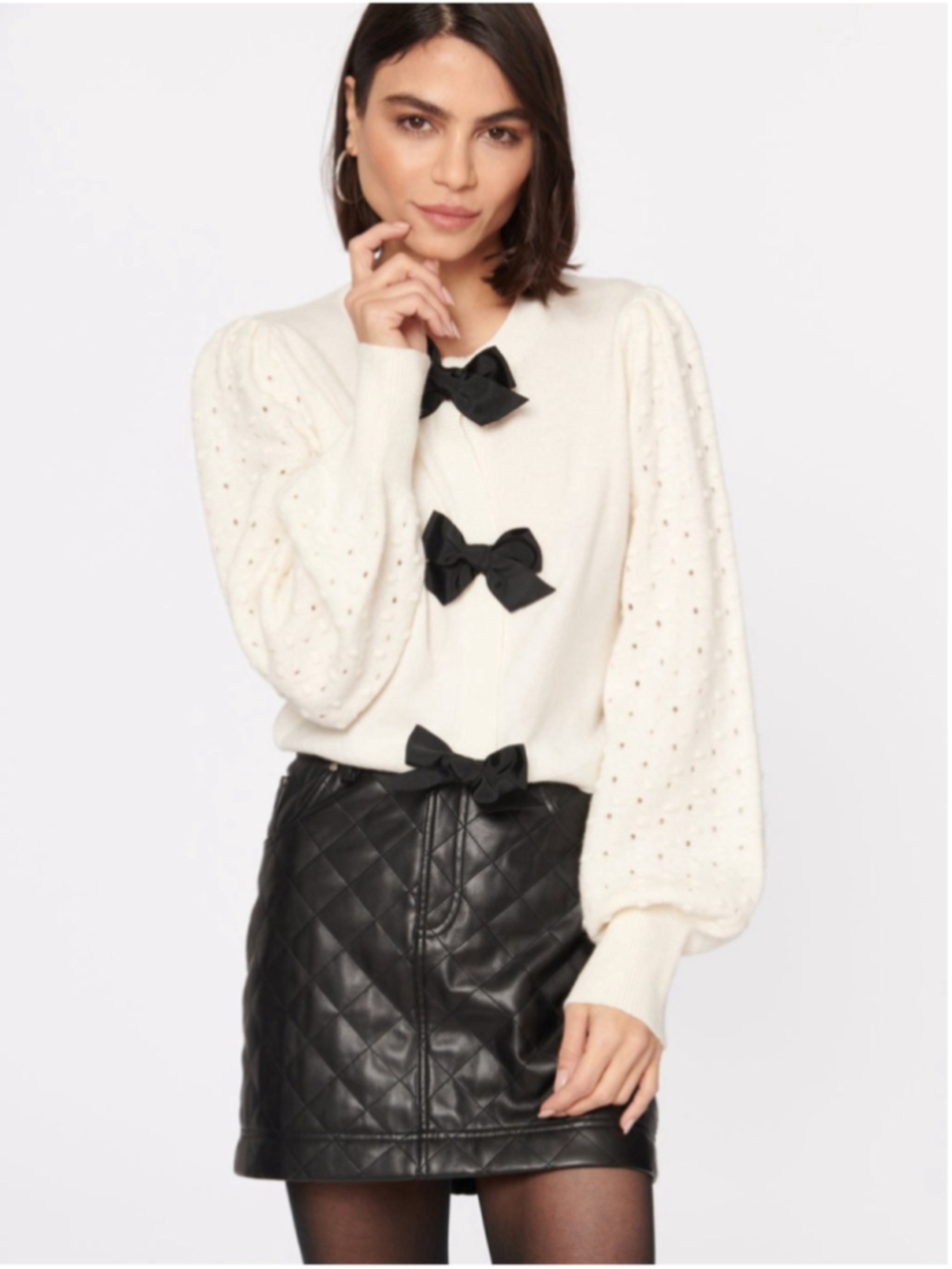 Cami NYC Calista Cardigan wool puff sleeve open knit bow detail preppy sz xl